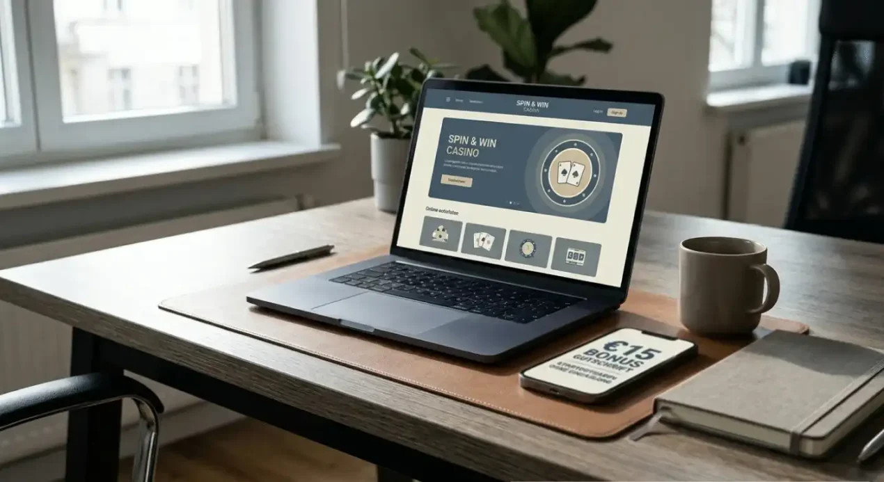 Moderner Arbeitsplatz mit Laptop und Online-Casino-Bonus-Angebot