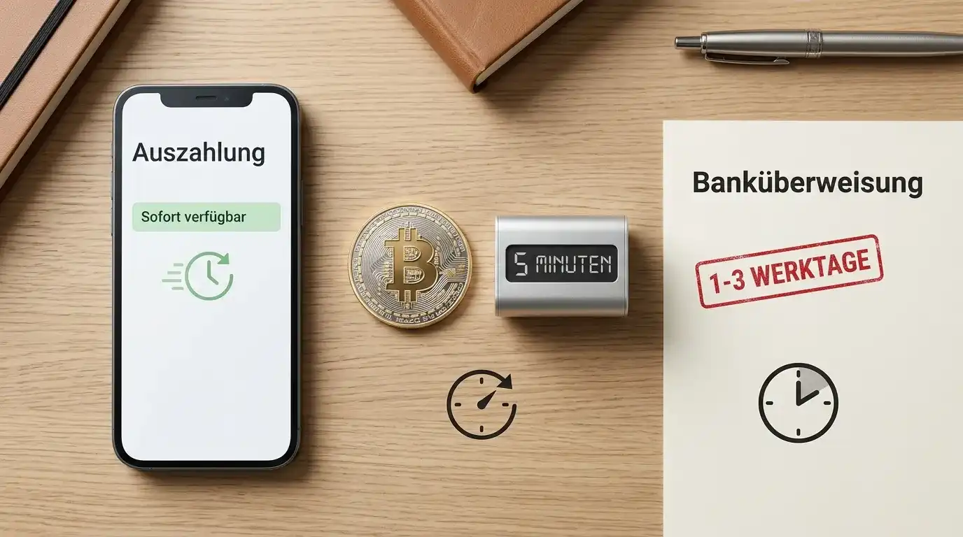 Vergleich von E-Wallet, Krypto-Token und Bankdokument auf weißem Schreibtisch