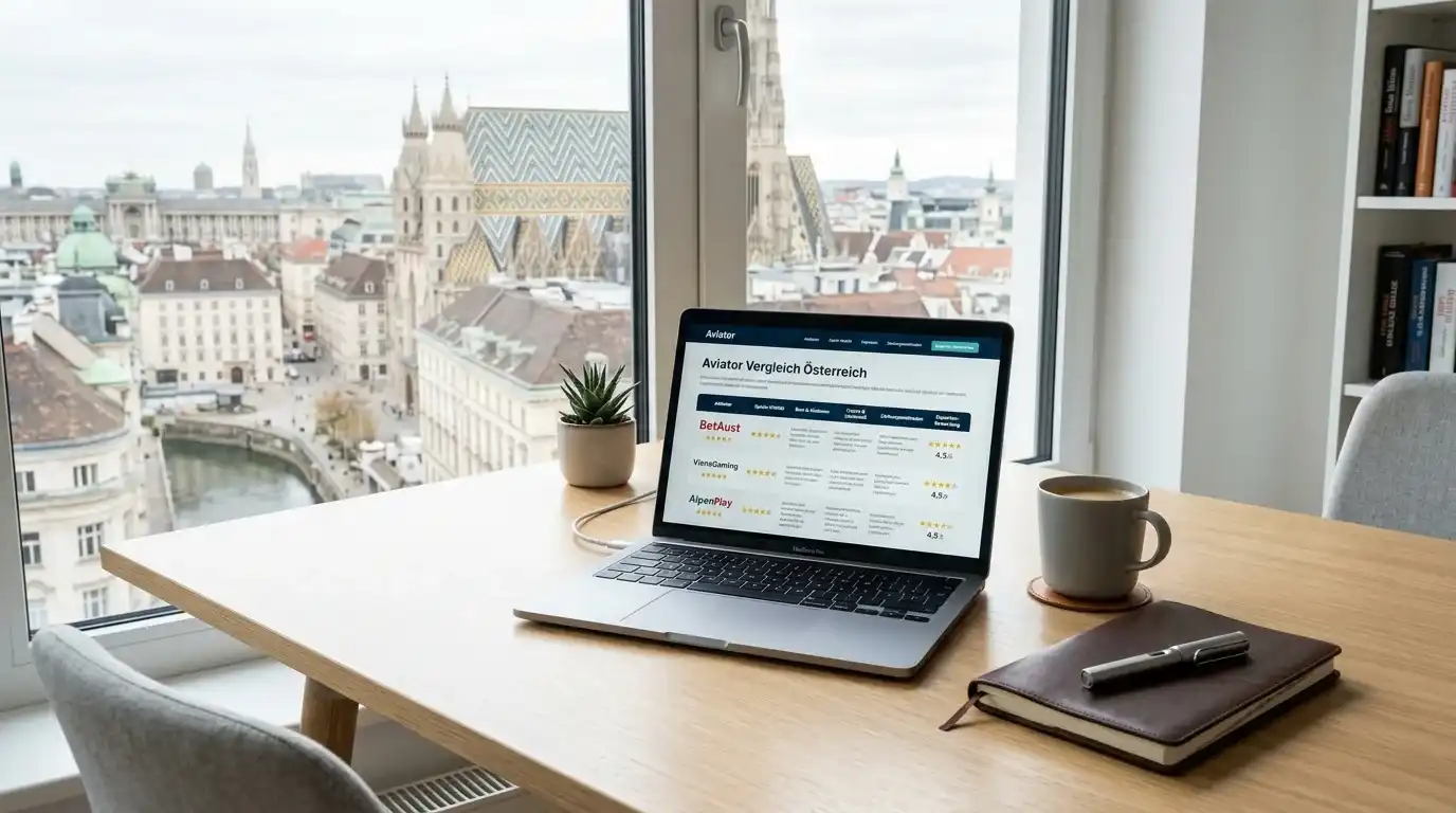 Schreibtisch mit neutralem Laptop-Display und Notizbuch, städtisches Büroumfeld
