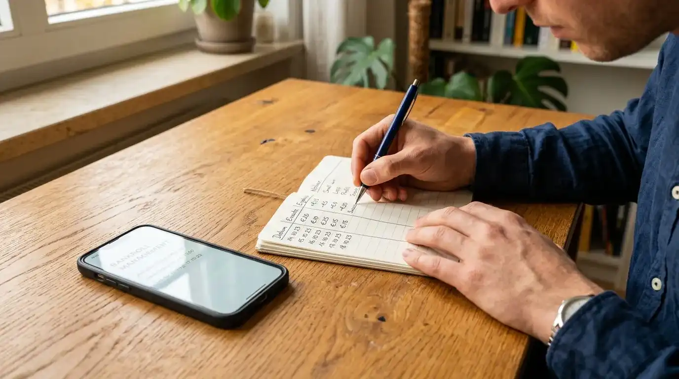 Person mit Notizbuch und einfacher Tabelle, neutraler Hintergrund, keine Geldscheine
