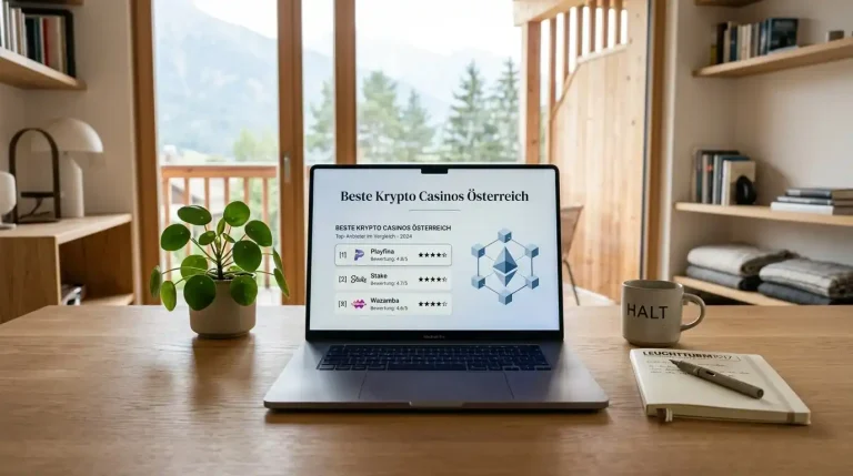 Schreibtisch mit Laptop und neutraler Übersicht zu Krypto-Casinos in Österreich