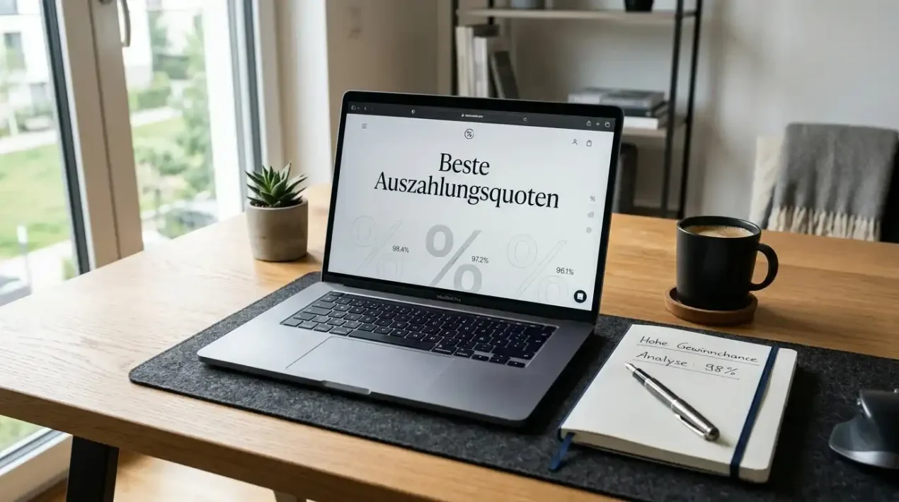 Moderner Schreibtisch mit Laptop und RTP-Berechnungen für Online Casinos