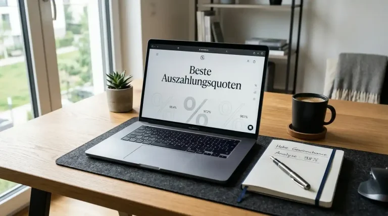 Moderner Schreibtisch mit Laptop und RTP-Berechnungen für Online Casinos