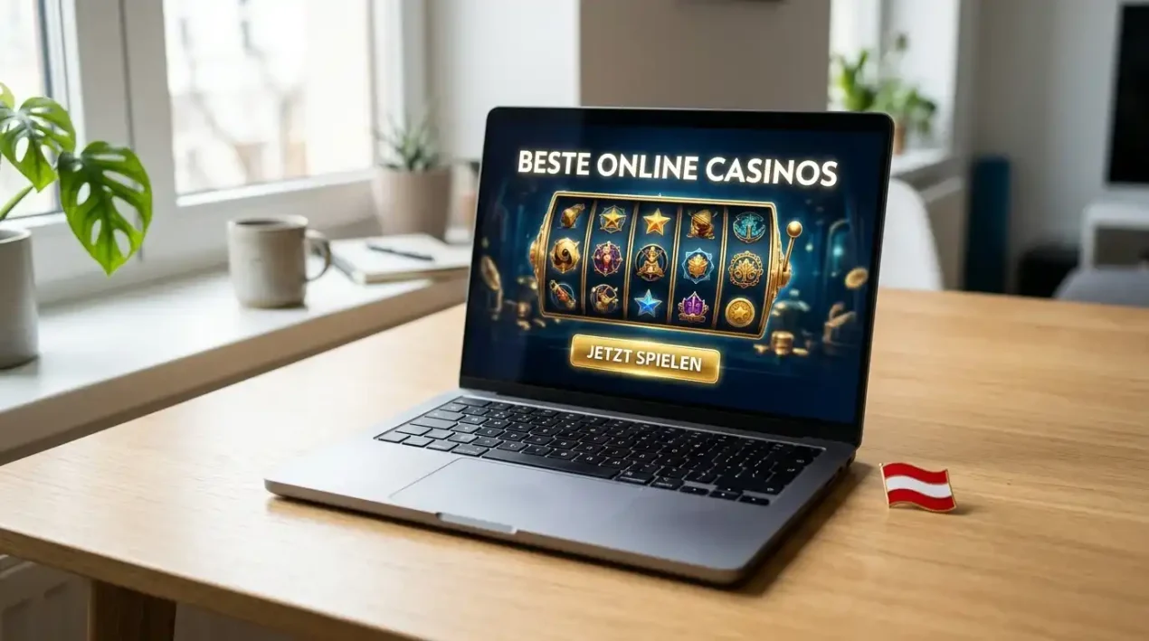 Laptop auf einem Schreibtisch mit österreichischer Flagge und neutraler Casino-Oberfläche