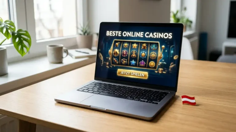 Laptop auf einem Schreibtisch mit österreichischer Flagge und neutraler Casino-Oberfläche