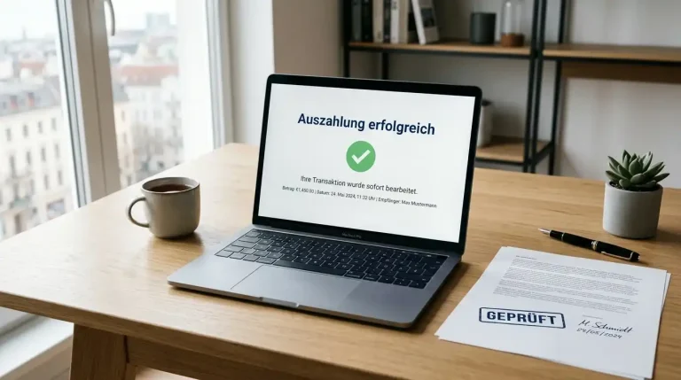 Schreibtisch mit Laptop und Dokumenten zur Casino-Auszahlung