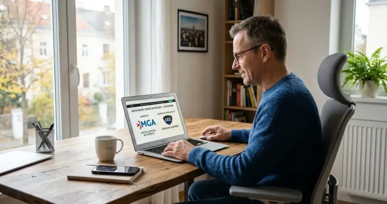 Moderner Schreibtisch mit Laptop und MGA-Lizenzdokument für internationale Casino-Plattformen