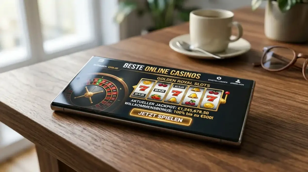 Smartphone mit Casino-App auf Schreibtisch mit Echtgeld-Spielen