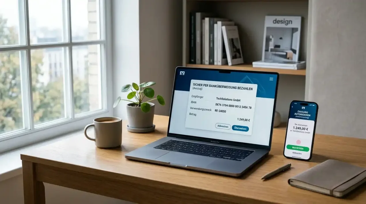 Schreibtisch mit Laptop, Bankkarte und offener Banking-App auf Smartphone