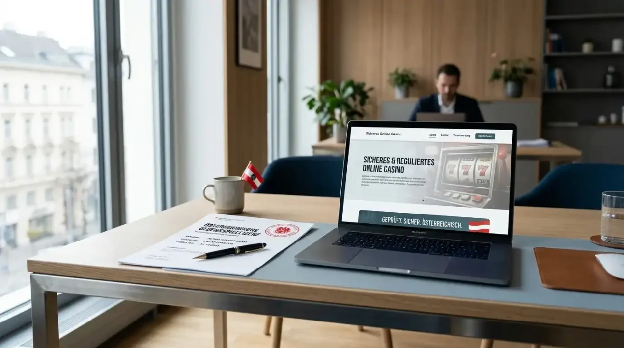 Offizielles Dokument mit österreichischem Siegel neben einem Laptop auf einem Schreibtisch
