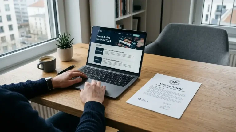 Laptop mit Casino-Vergleichsdokument und europäischem Regulierungssiegel auf dem Schreibtisch