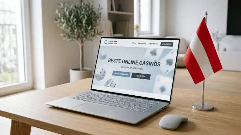 Laptop auf einem modernen Schreibtisch mit österreichischer Flagge und neutraler Casino-Oberfläche