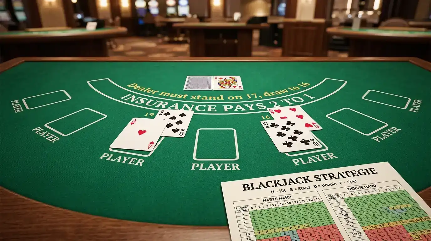 Blackjack-Tisch von oben mit Karten und Strategie-Dokument