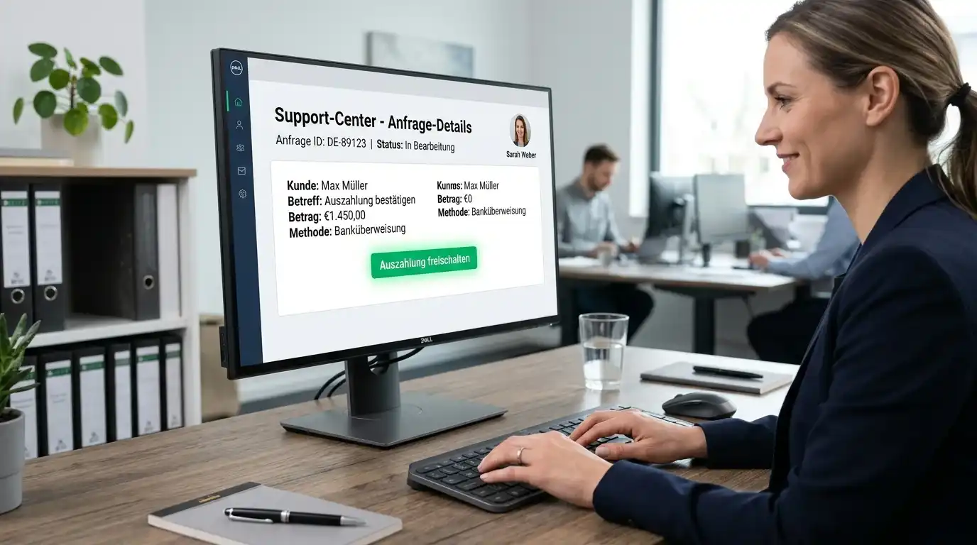 Support-Ticket auf einem Computerbildschirm mit Fragezeichen