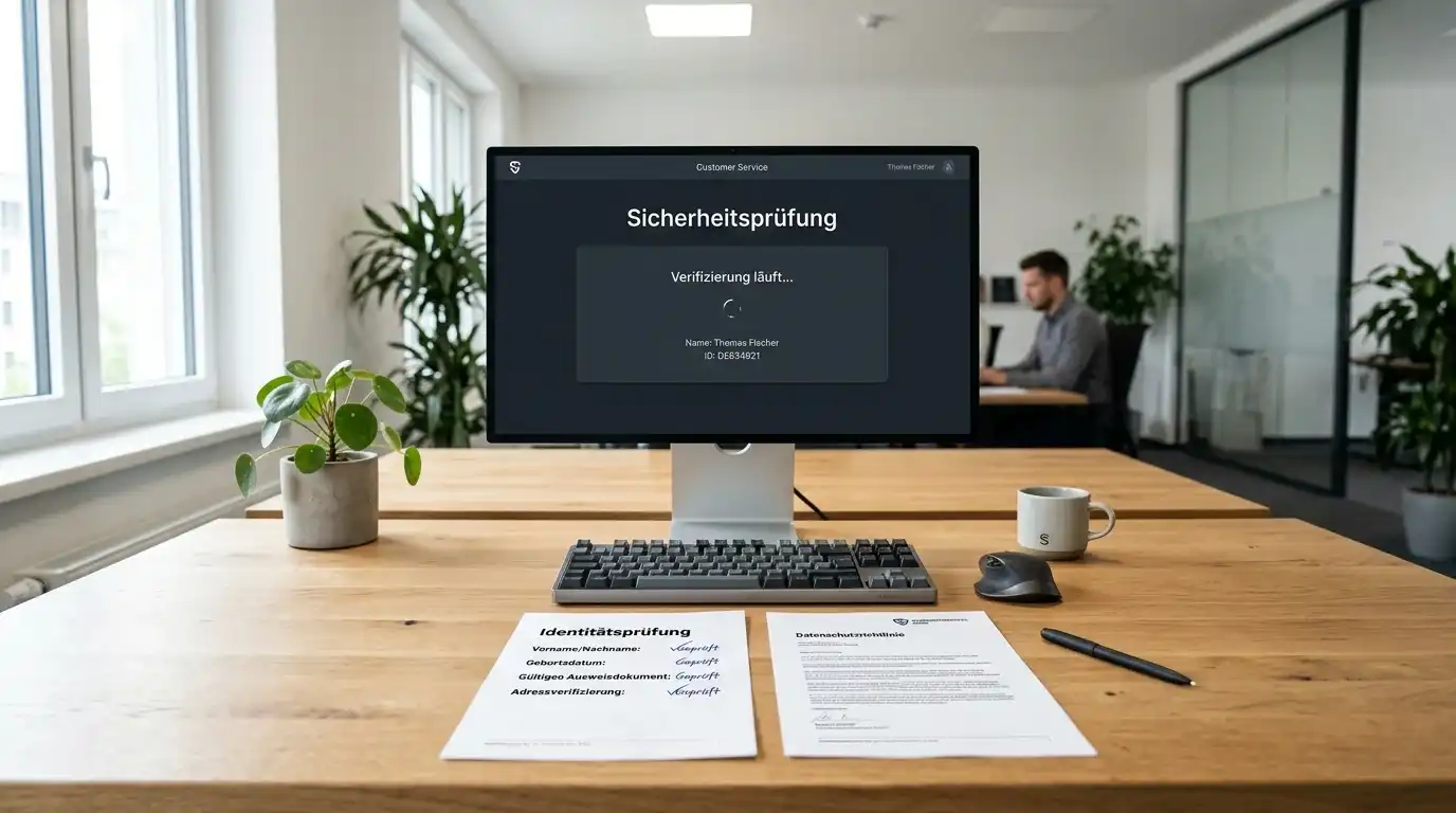 Ordentlicher Schreibtisch mit Identitätsliste, Datenschutzunterlagen und neutralem Kundendienstfenster