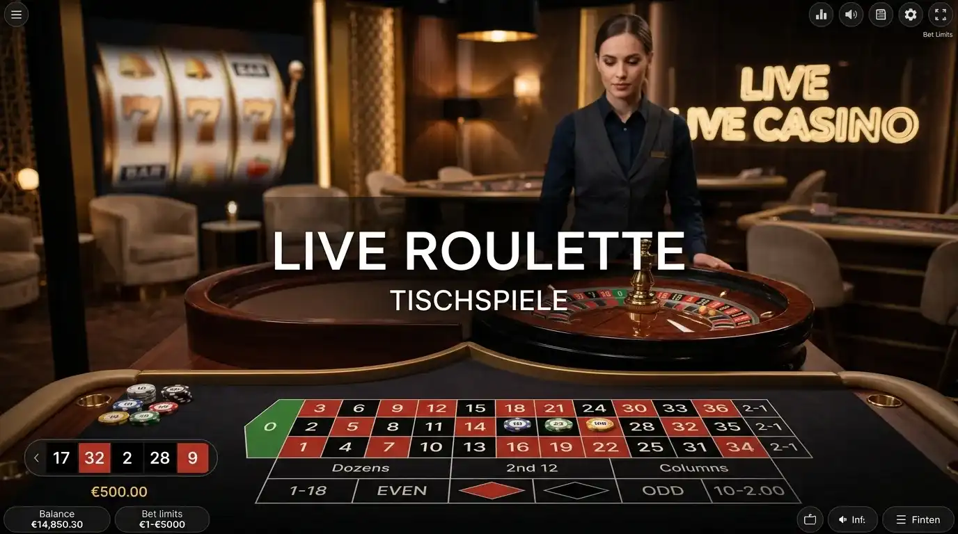 Neutraler Bildschirm mit abstrakten Spielautomaten, Live-Tisch und Roulette ohne Marken
