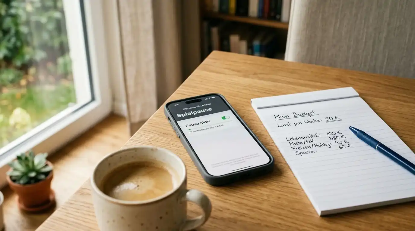 Ruhiger Schreibtisch mit handschriftlichen Euro-Budgetnotizen und einem Telefon mit Pauseneinstellung