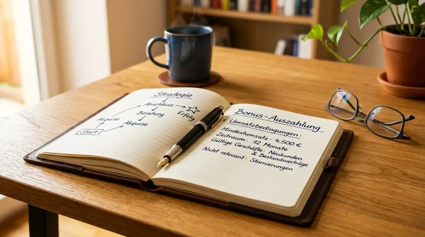 Notizbuch mit handschriftlichen Notizen zu Umsatzbedingungen