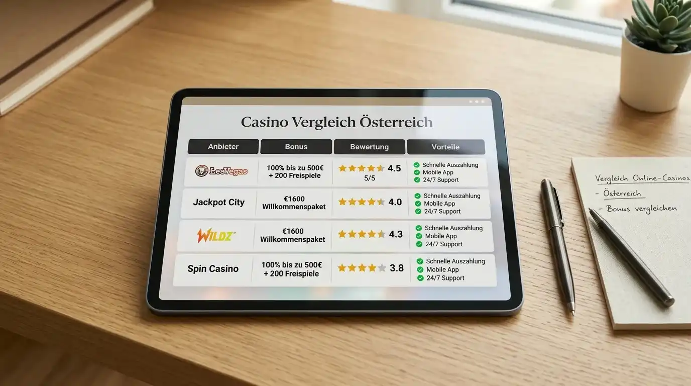Vergleichstabelle auf einem Tablet mit Casino-Bewertungen und Lizenzsymbolen