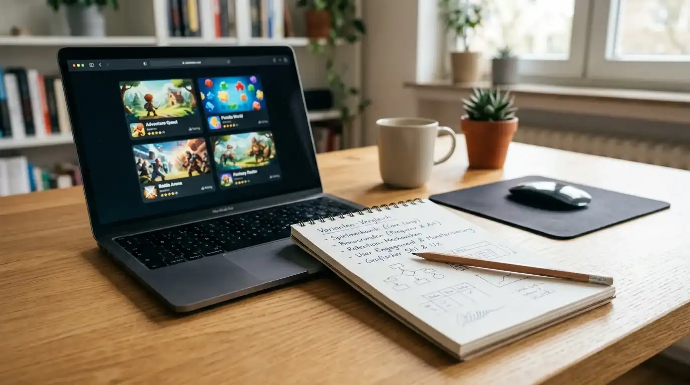 Notizblock mit Bleistift neben einem Bildschirm, der vier verschiedene Spielvarianten schematisch darstellt