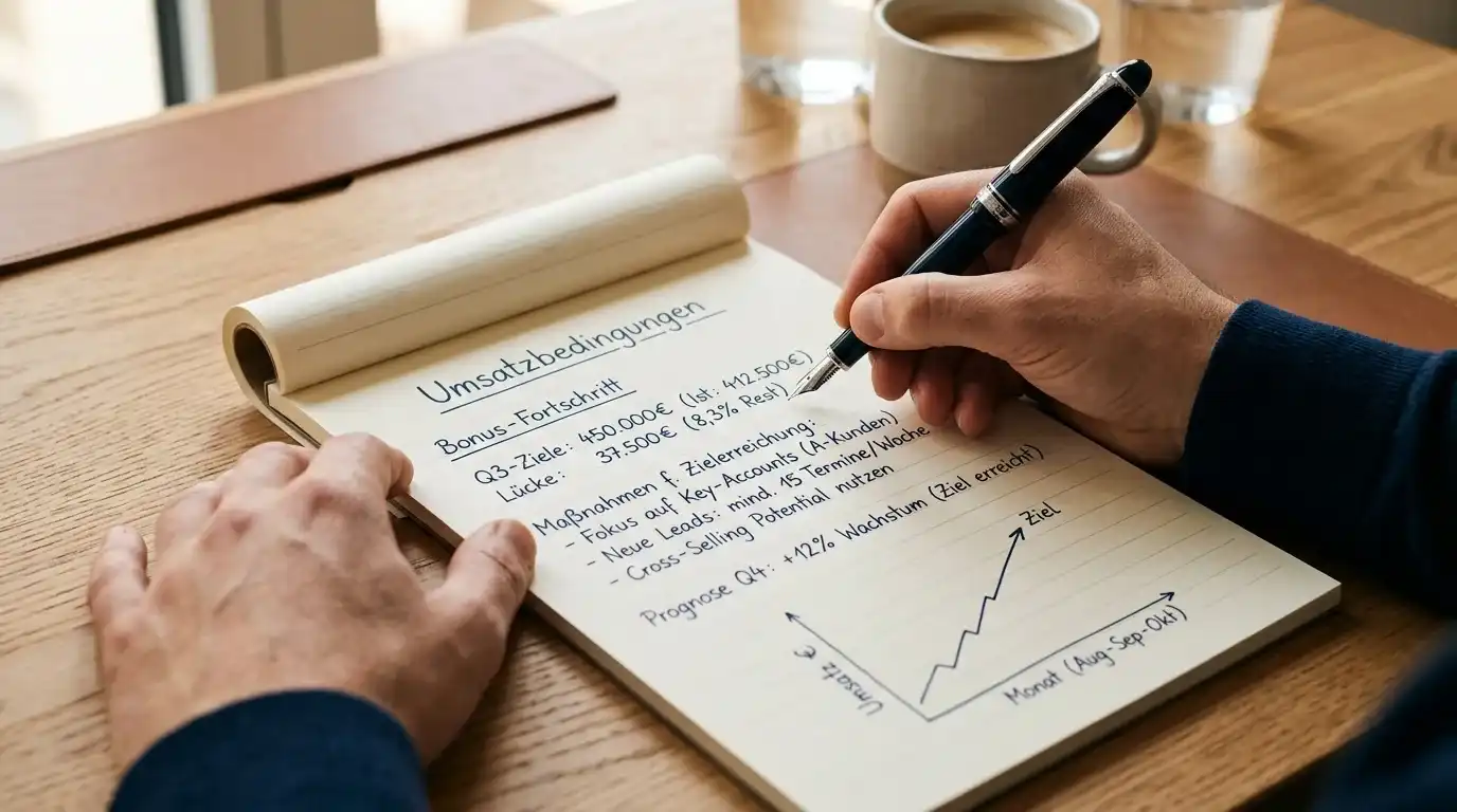 Notizzettel mit handschriftlichen Berechnungen und Stift auf einem Schreibtisch
