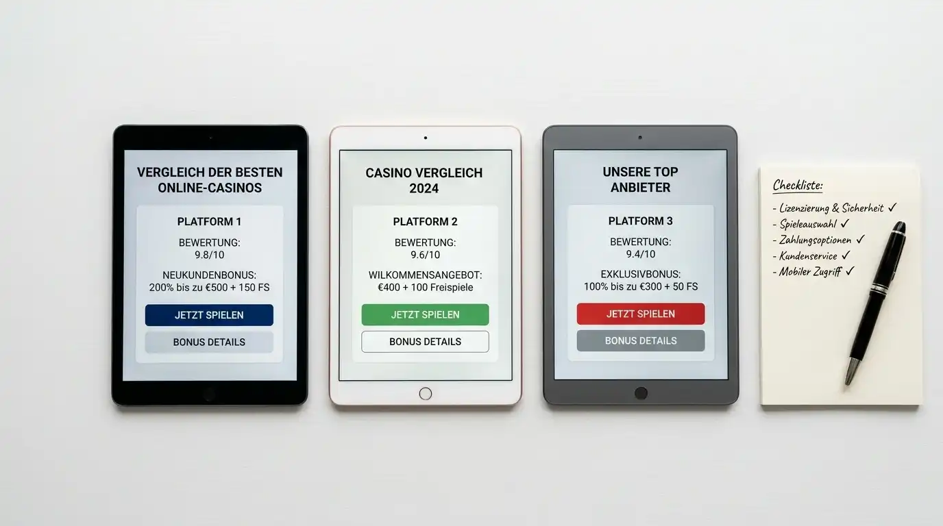 Mehrere Tablets auf weißem Schreibtisch zeigen verschiedene neutrale Casino-Oberflächen nebeneinander