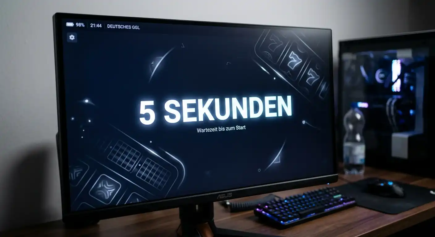 Digitaler Timer zeigt 5-Sekunden-Countdown zwischen zwei Spielautomaten-Drehungen auf dunklem Bildschirm