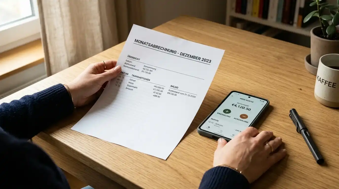 Monatliche Kontoauszüge neben einem Smartphone mit neutraler Banking-App auf einem Schreibtisch