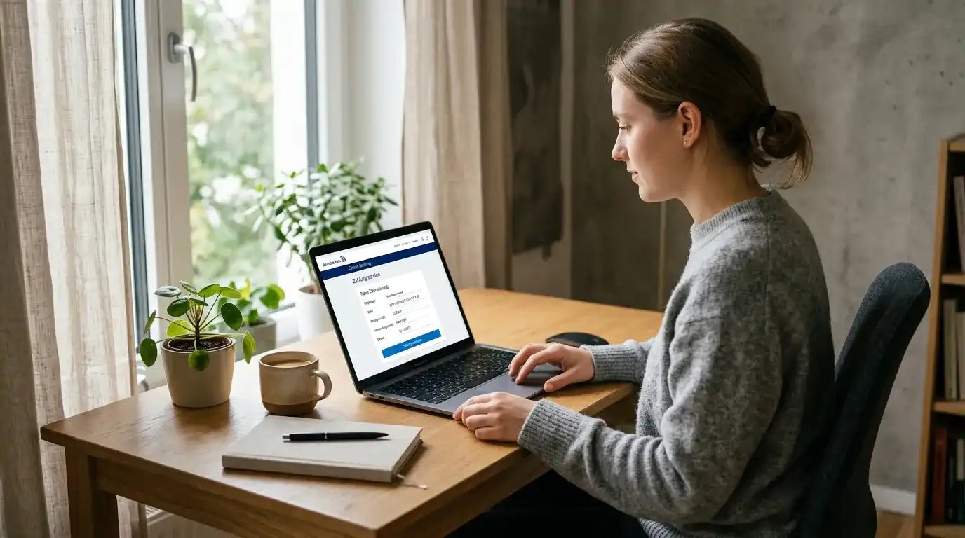 Person am Laptop führt Online-Banking-Überweisung durch