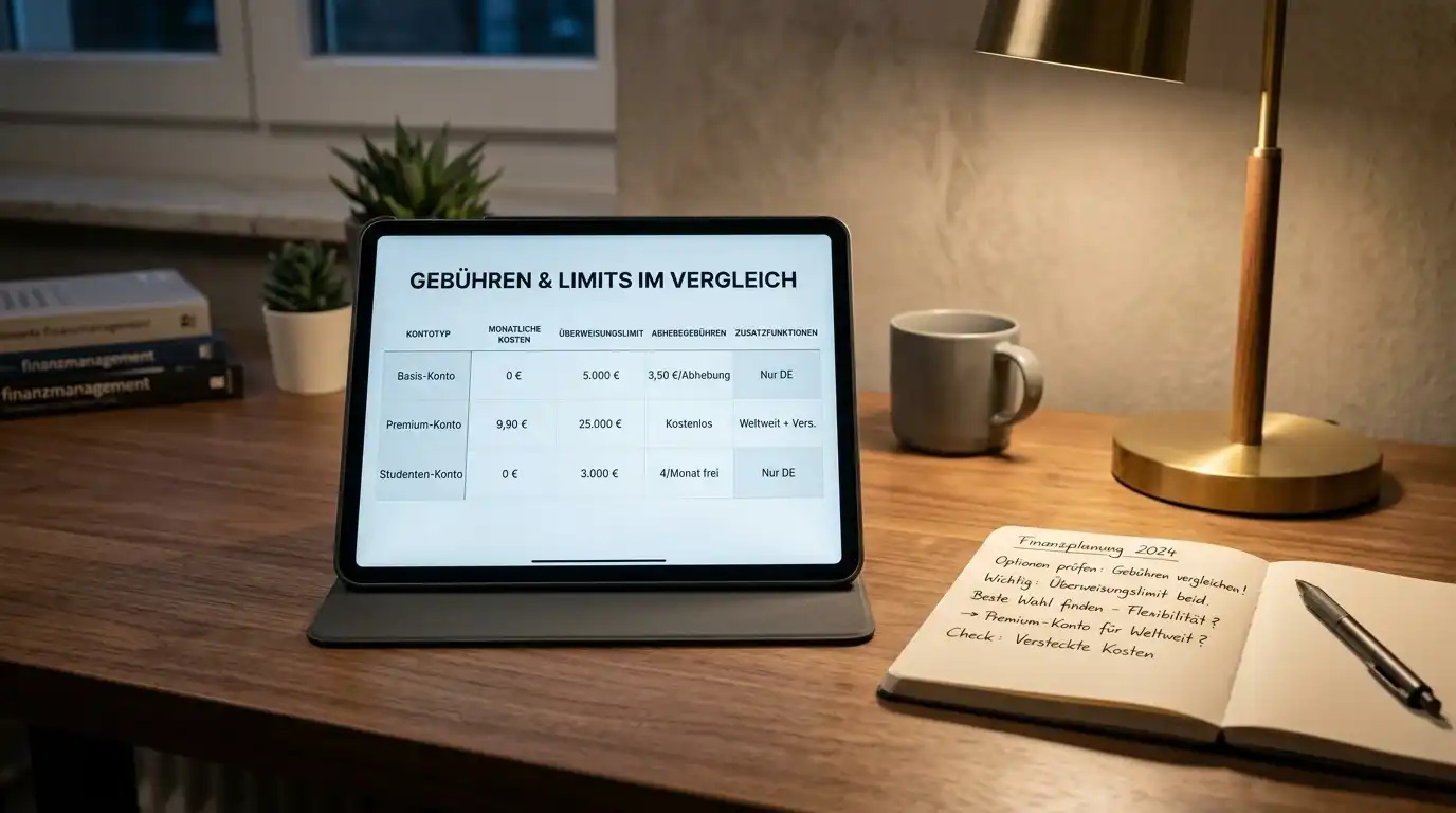Tabellenübersicht auf Tablet zeigt Gebührenvergleich verschiedener Zahlungsmethoden