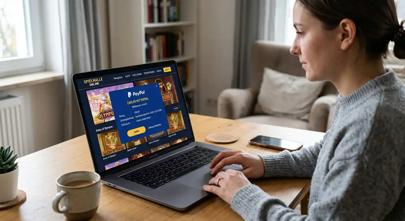 Person am Laptop mit PayPal-Zahlungsbildschirm und deutschem Casino-Interface