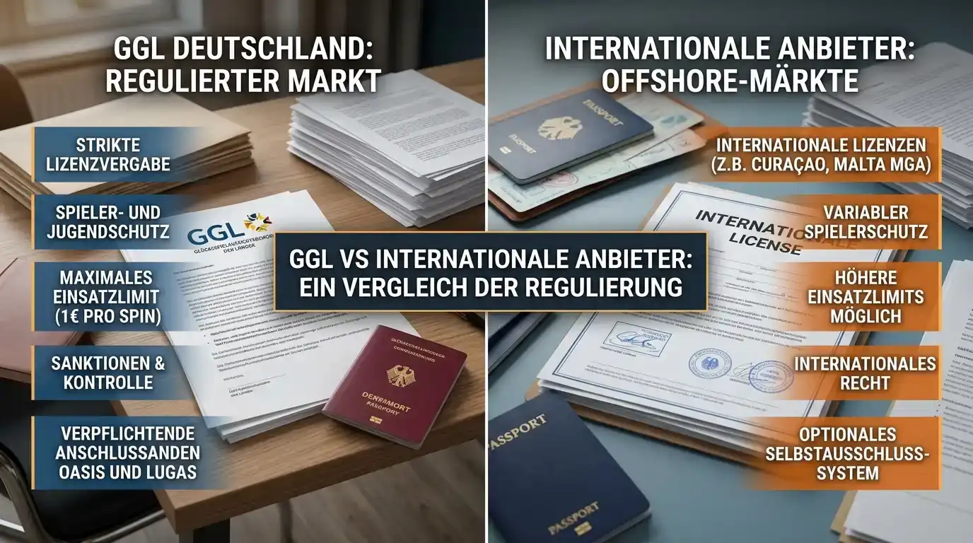Gegenüberstellung GGL-Regulierung und internationale Casino-Lizenzierung auf Display