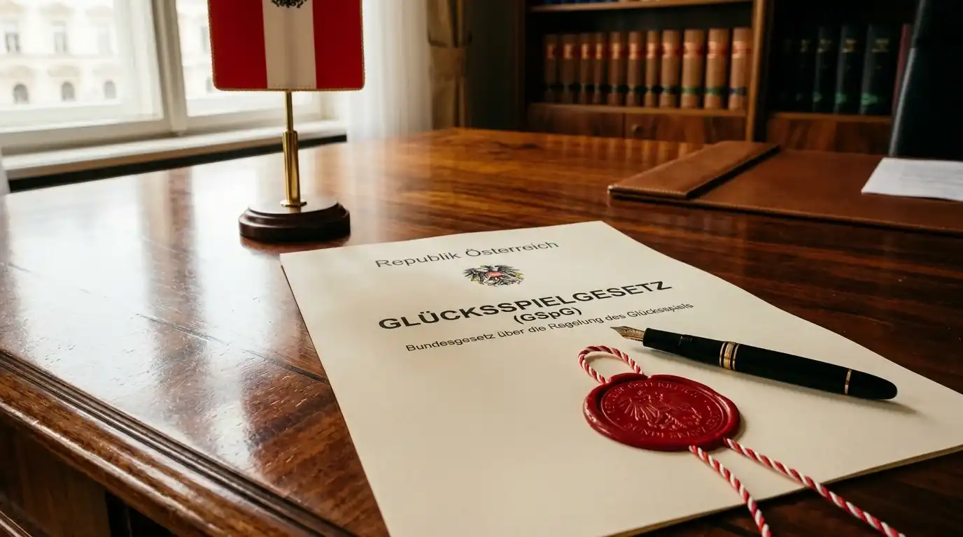 Offizielles Dokument mit Stempel auf einem Schreibtisch neben einer österreichischen Flagge