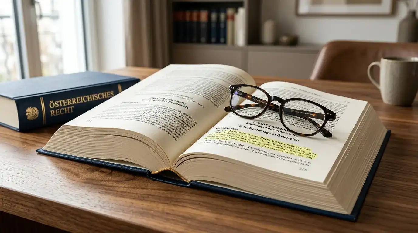 Aufgeschlagenes Gesetzbuch mit markierten Absätzen und Lesebrille auf einem Holztisch
