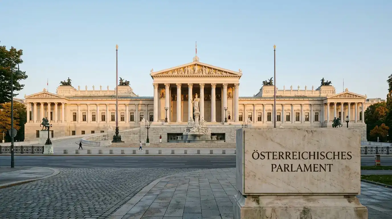 Fassade des österreichischen Parlamentsgebäudes im weichen Morgenlicht
