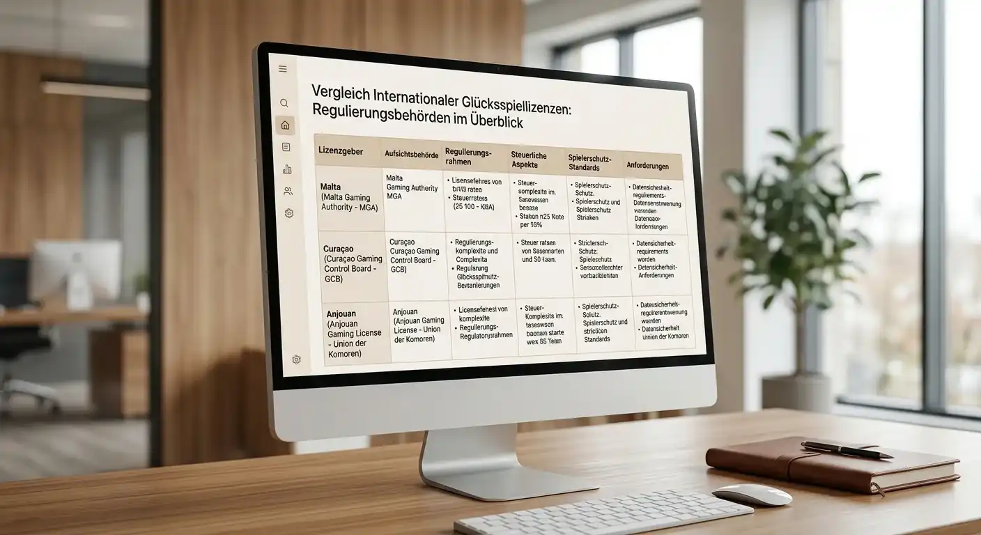 Übersichtliche Vergleichstabelle internationaler Casino-Lizenzen auf modernem Display
