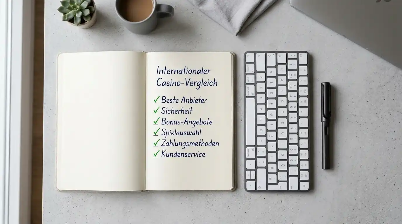 Notizblock mit Vergleichsliste und Stift neben einer Tastatur