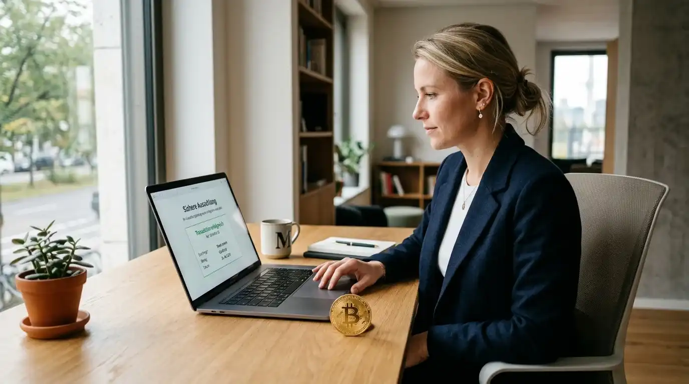Person am Schreibtisch mit Laptop und dekorativem Krypto-Token