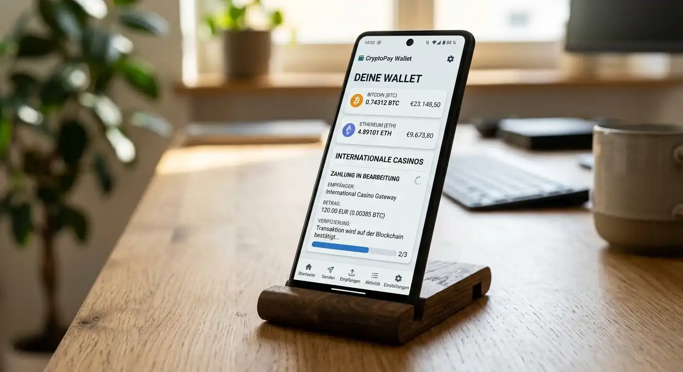 Bitcoin und Ethereum Wallets auf modernem Smartphone mit Casino-Transaktion