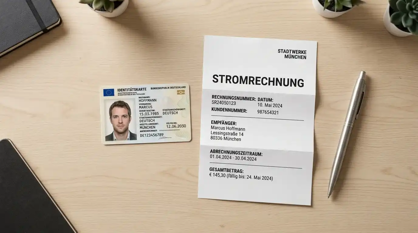 Geordnete Dokumente mit Ausweis und Adressnachweis auf einem Schreibtisch