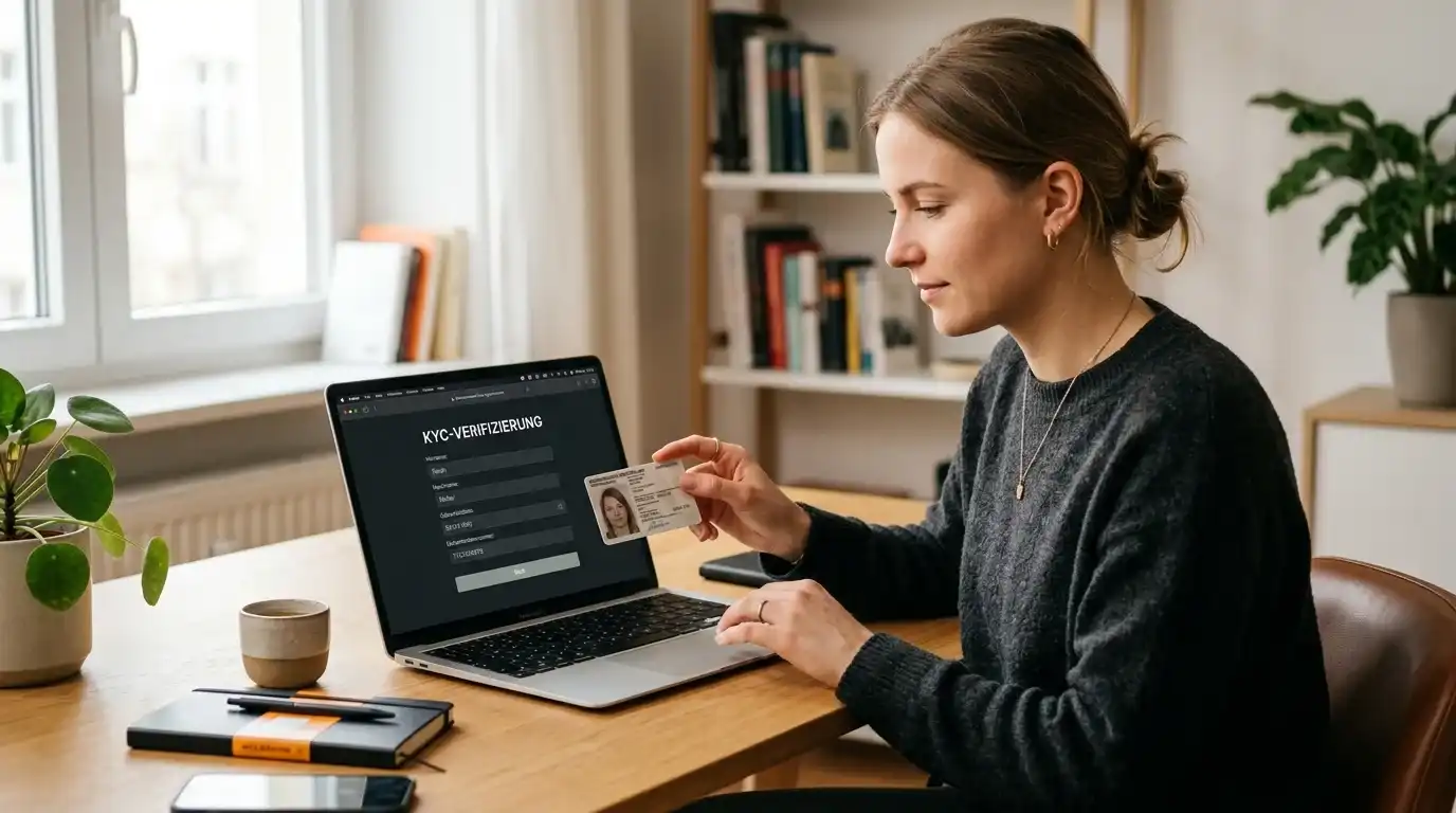 Identitätsprüfung am Laptop mit neutralem Dokument