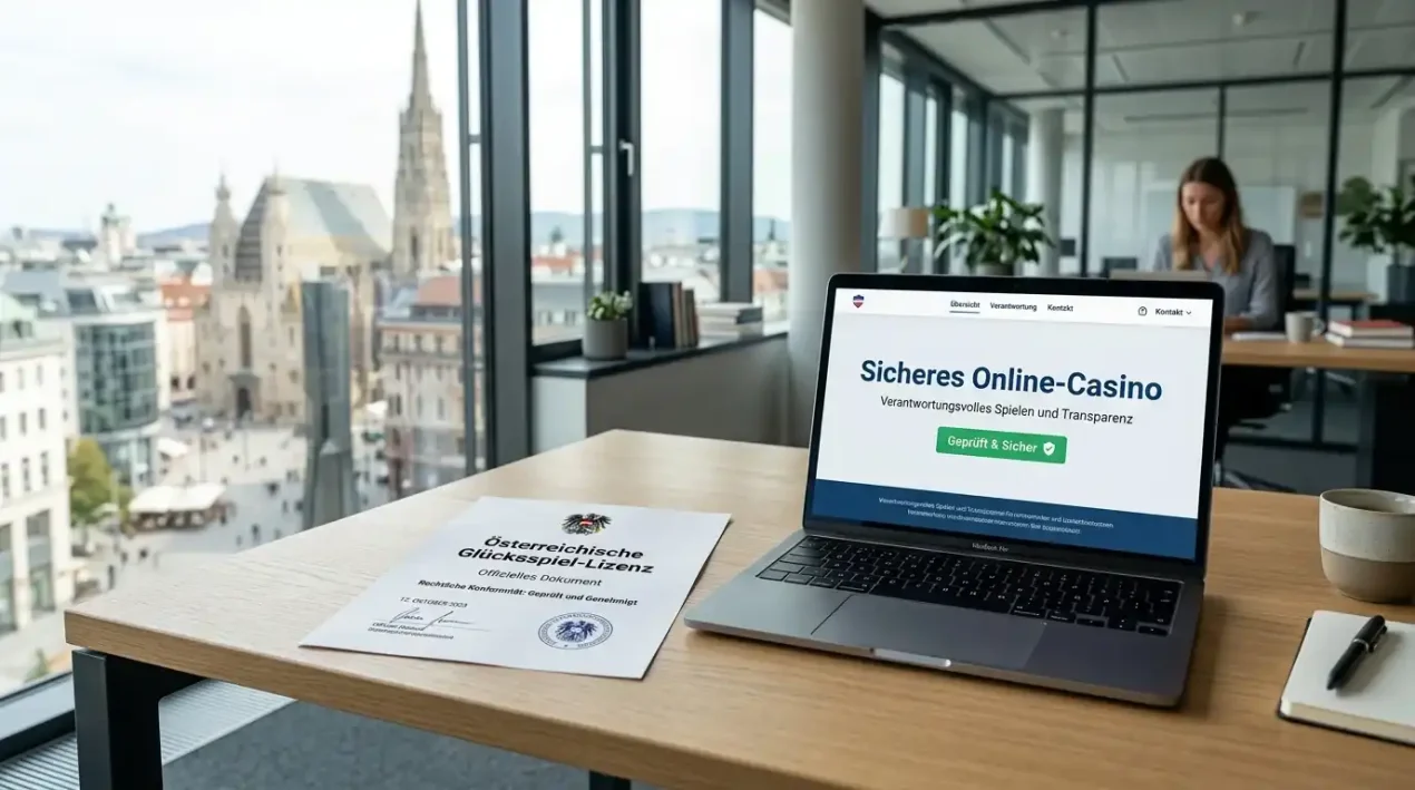 Österreichisches Glücksspielgesetz und Konzessionsdokument auf einem Schreibtisch mit Laptop