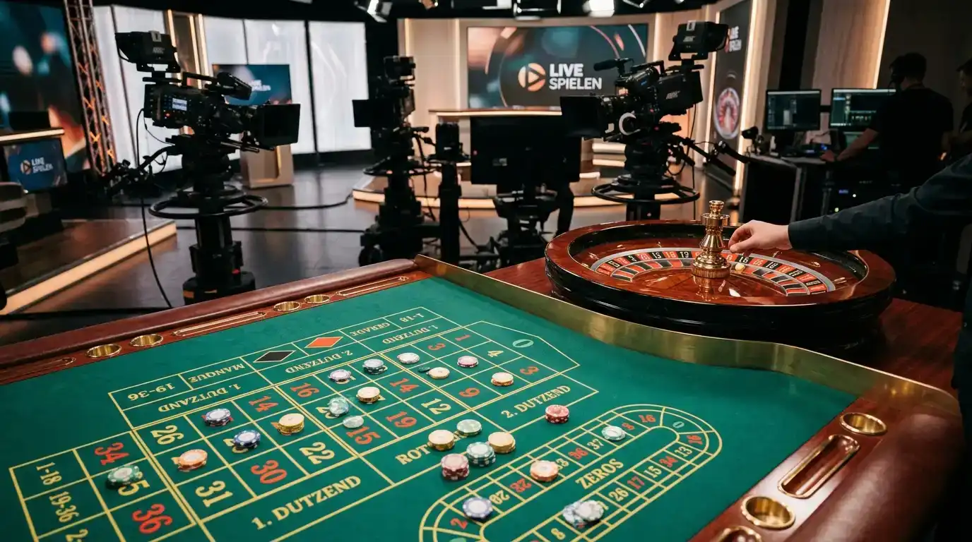 Live-Casino-Tisch mit Roulette und Streaming-Equipment