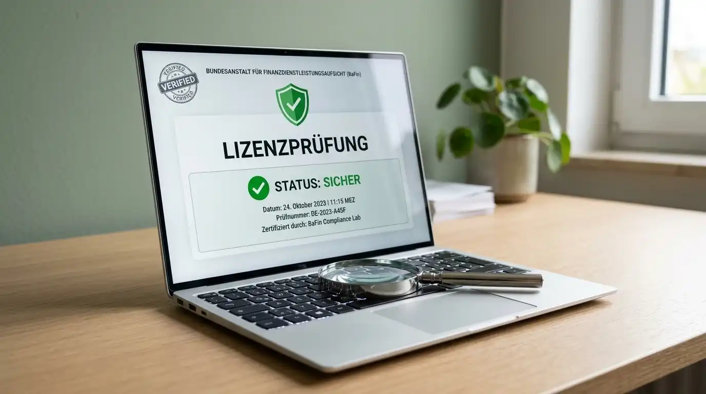 Laptopbildschirm mit generischem Regierungsportal und Verifizierungsbadge, daneben eine Lupe