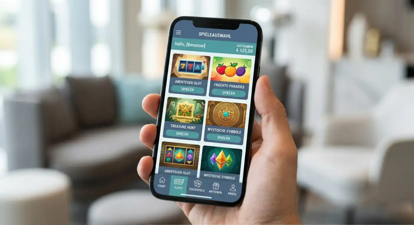 Smartphone zeigt mobiles Casino-Interface mit mehreren Spielautomaten-Thumbnails und Navigationsmenü