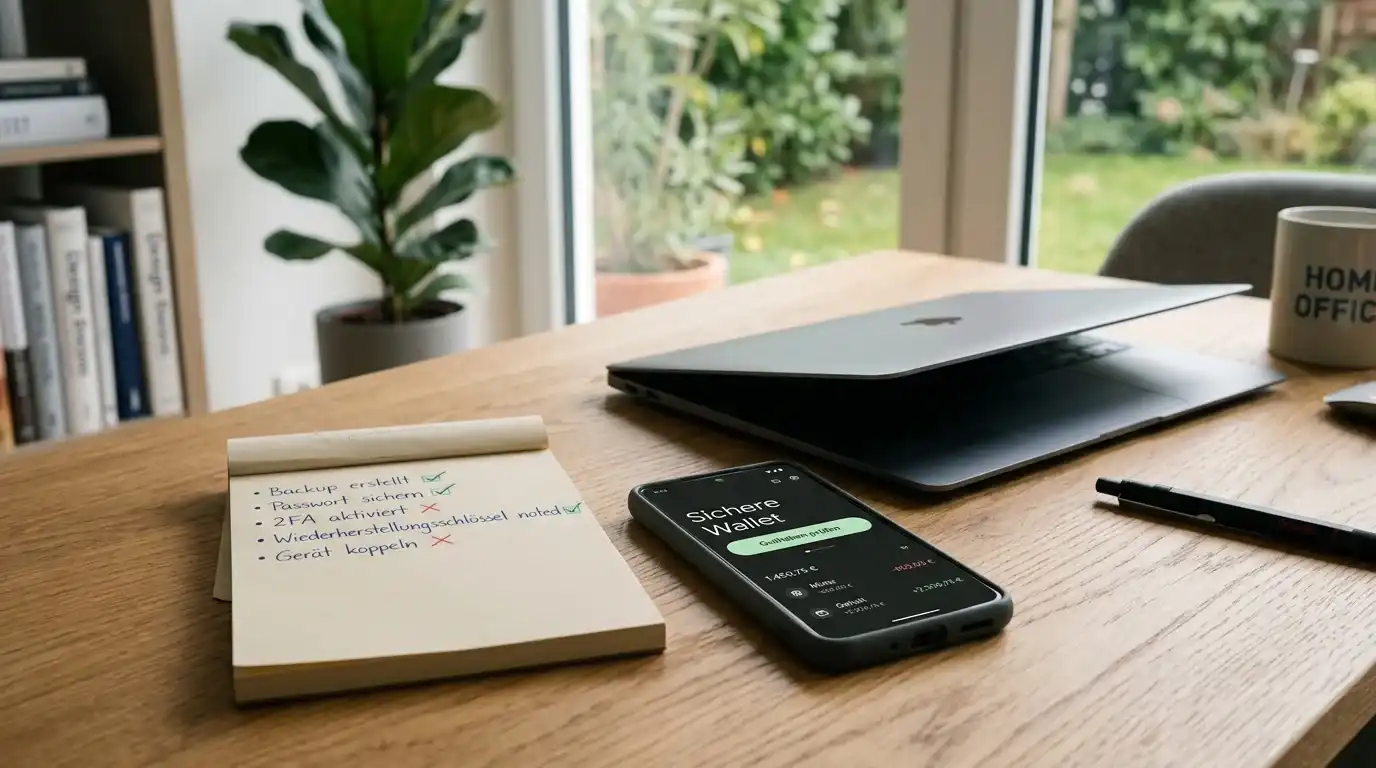 Mobiltelefon neben sicherer Darstellung einer digitalen Geldbörse und neutraler Auszahlungsnotiz