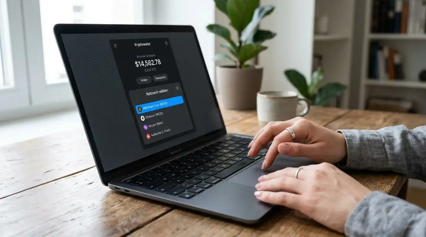 Person prüft BNB-Netzwerk und Token-Variante auf einer neutralen Wallet-Oberfläche