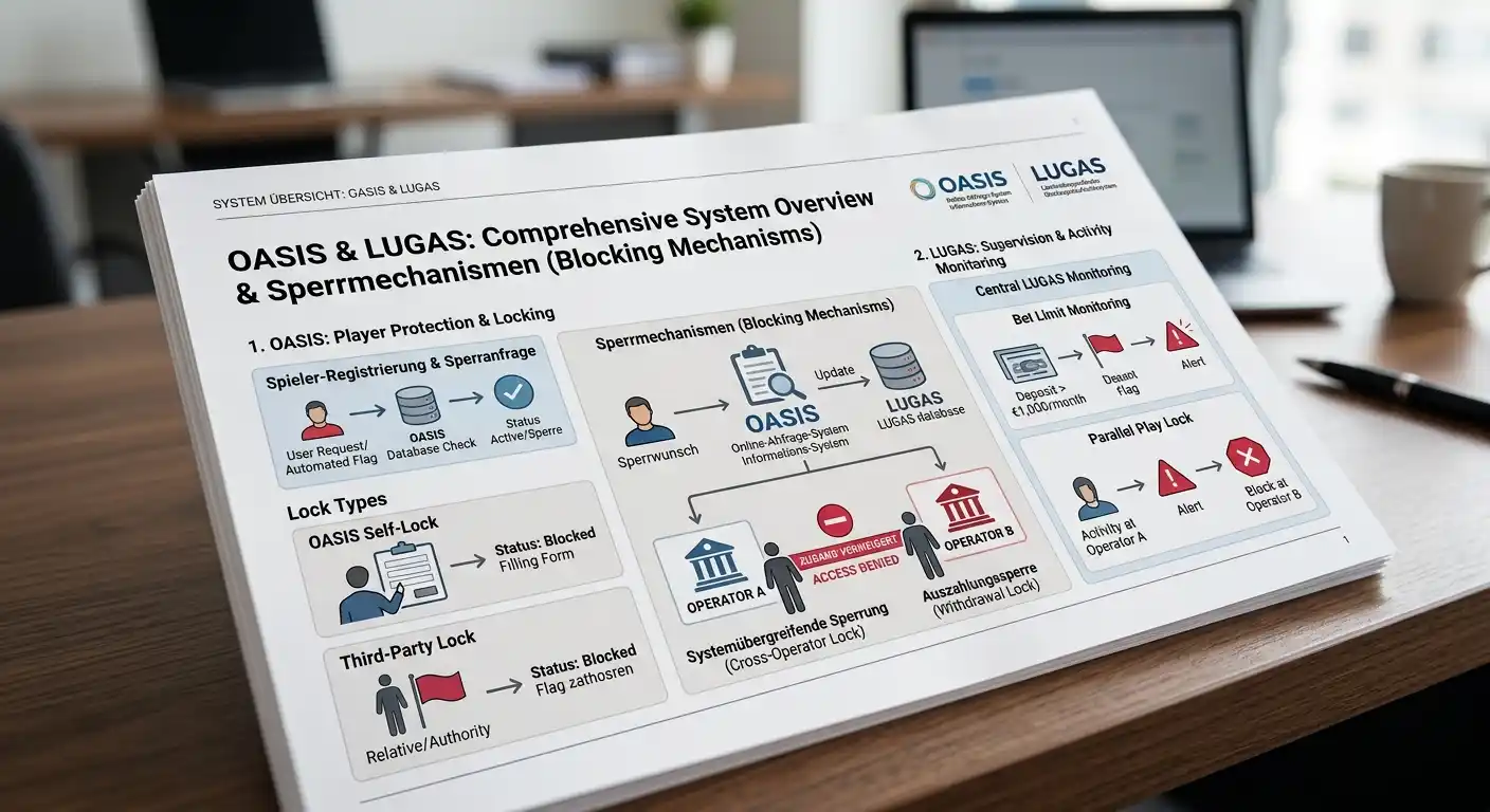 Dokument mit OASIS- und LUGAS-Systemübersicht, Sperrmechanismen visualisiert