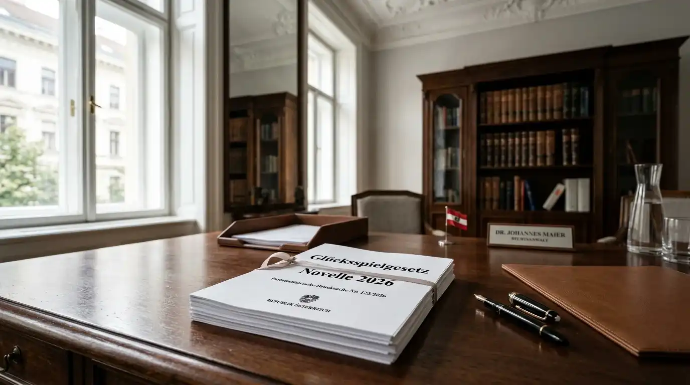 Schreibtisch mit juristischen Dokumenten und Stift in einem Büro im österreichischen Stil
