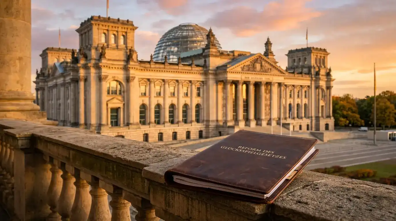 Parlamentsgebäude mit Dokumentenmappe und Gesetzestext im Vordergrund